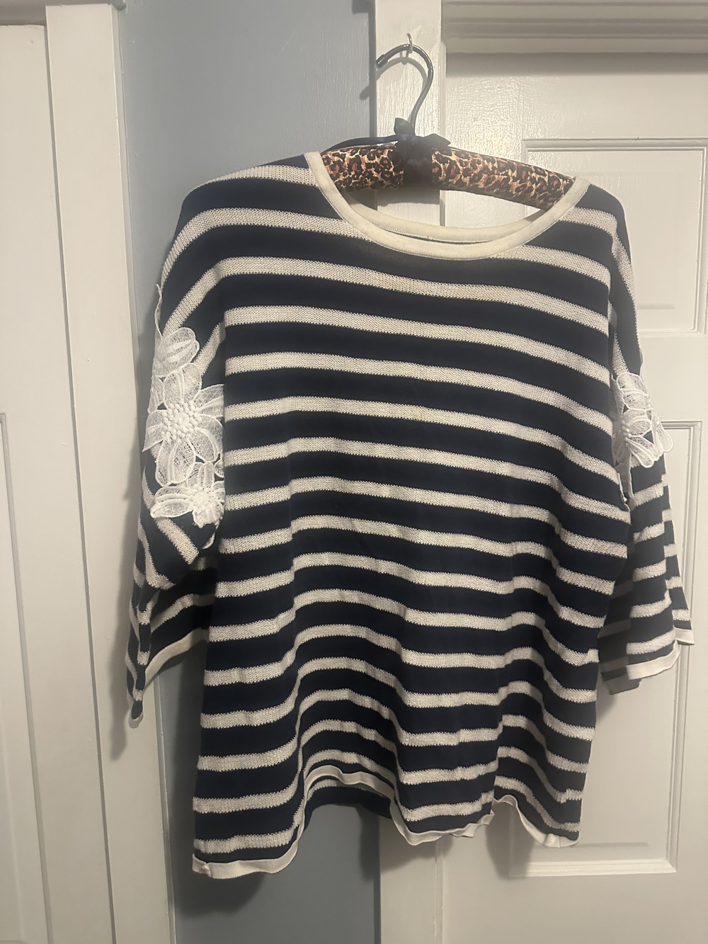 Lane Bryant Navy and White Striped Sweater With Lace Sleeve Inlay